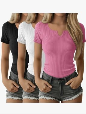 3pk. Ribbed V-Notch Short Sleeve Tops
